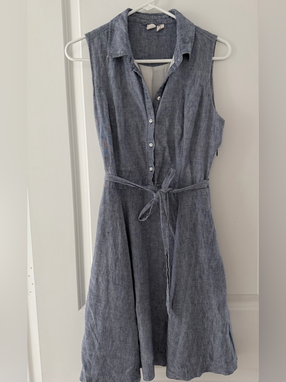 Sleeveless Blue Linen Jeans Shirt Dress with Waist Tie.